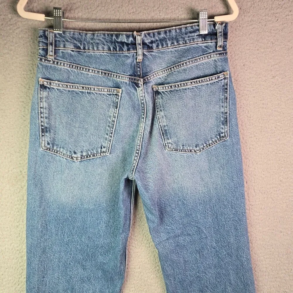 Zara Jeans Medium Blue 8 Straight Leg High Rise 100 Cotton Long Inseam
